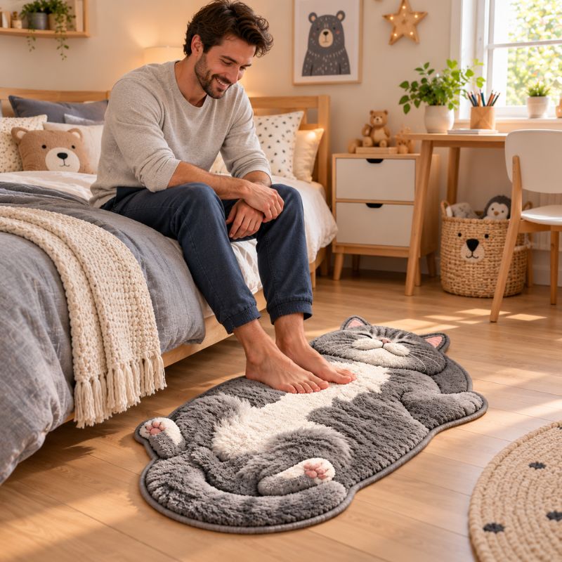 Tapis descente de lit chat homme souriant assis