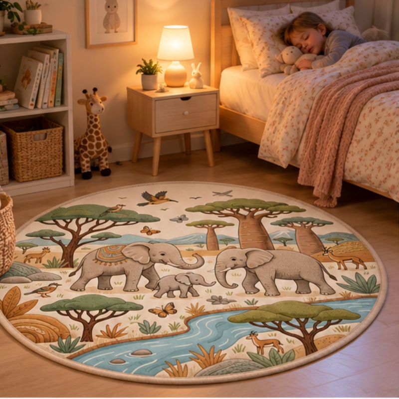 Tapis rond enfant éléphants fillette endormie