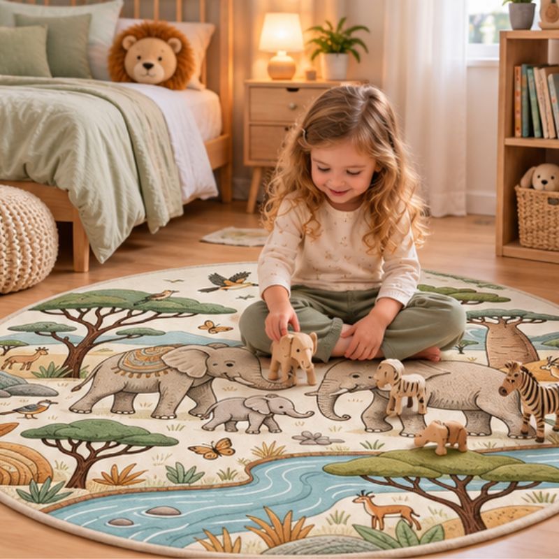 Tapis rond enfant éléphants fillette jouant