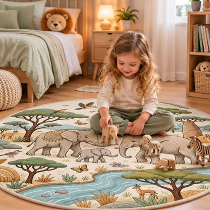Tapis rond enfant éléphants fillette jouant
