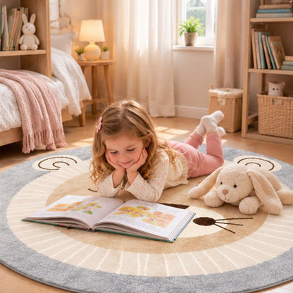 Tapis rond enfant fillette allongée avec livre