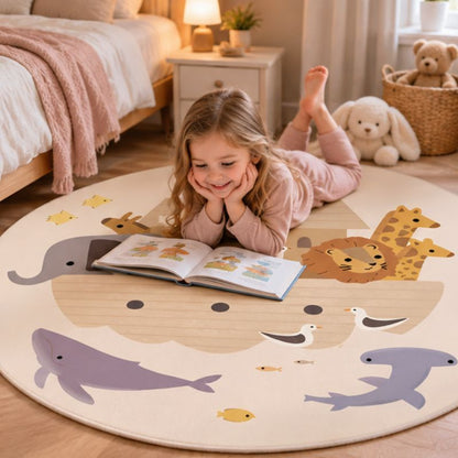 Tapis rond enfant L'Arche fillette allongée avec livre