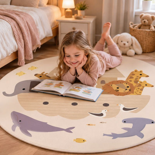 Tapis rond enfant L'Arche fillette allongée avec livre