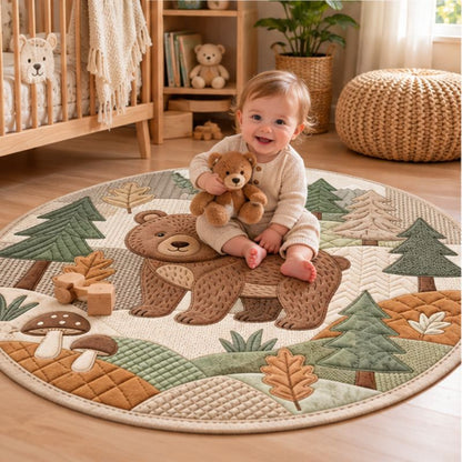Tapis rond enfant ours bébé assis tenant ourson